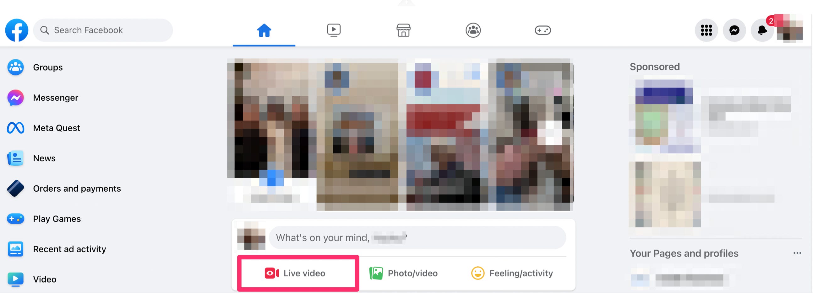 Der Facebook-Desktop-Screenshot zeigt den Standort von Live