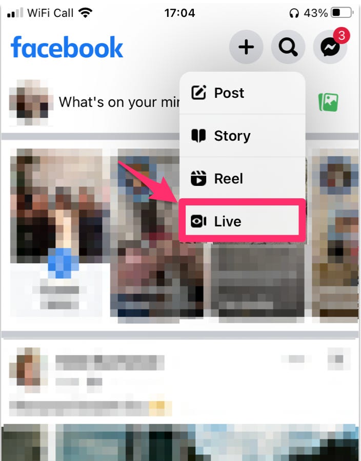Der mobile Screenshot von Facebook zeigt den Standort der Live-Videofunktion