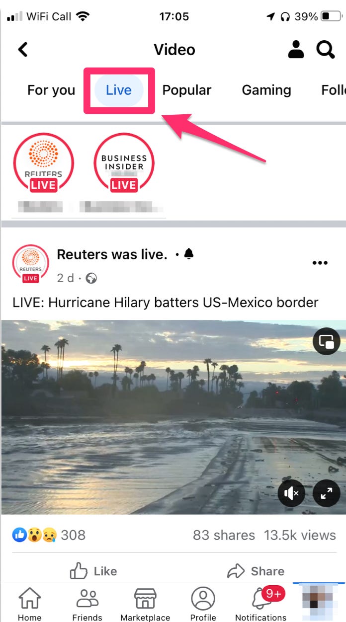 Der mobile Screenshot von Facebook zeigt den Standort des Live-Videobereichs