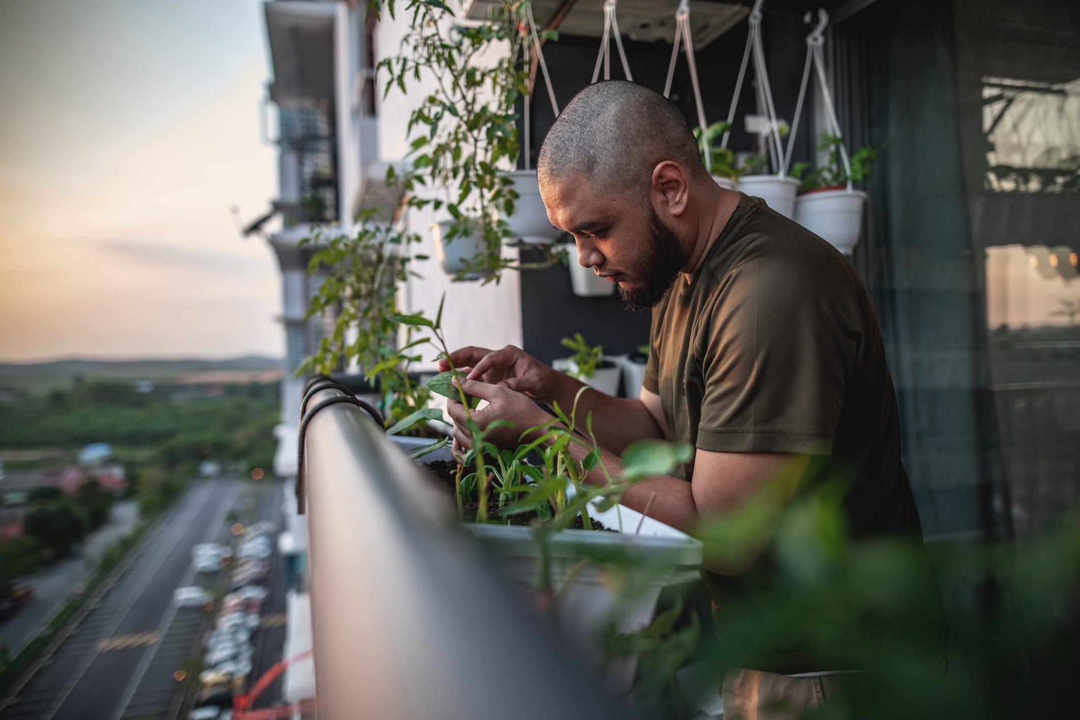 Ein Mann pflegt Pflanzen auf dem Balkon einer Wohnung