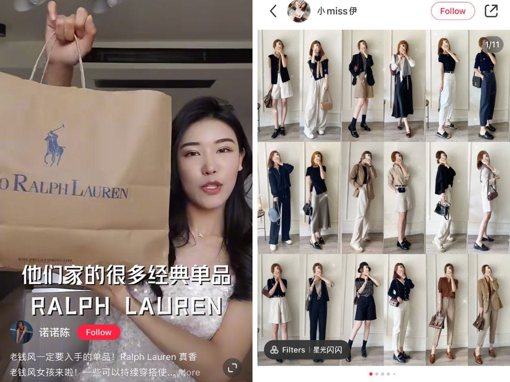 Influencer haben ihre Einkäufe (links) und ihre Outfit-Kombinationen (rechts) auf Xiaohongshu dokumentiert.