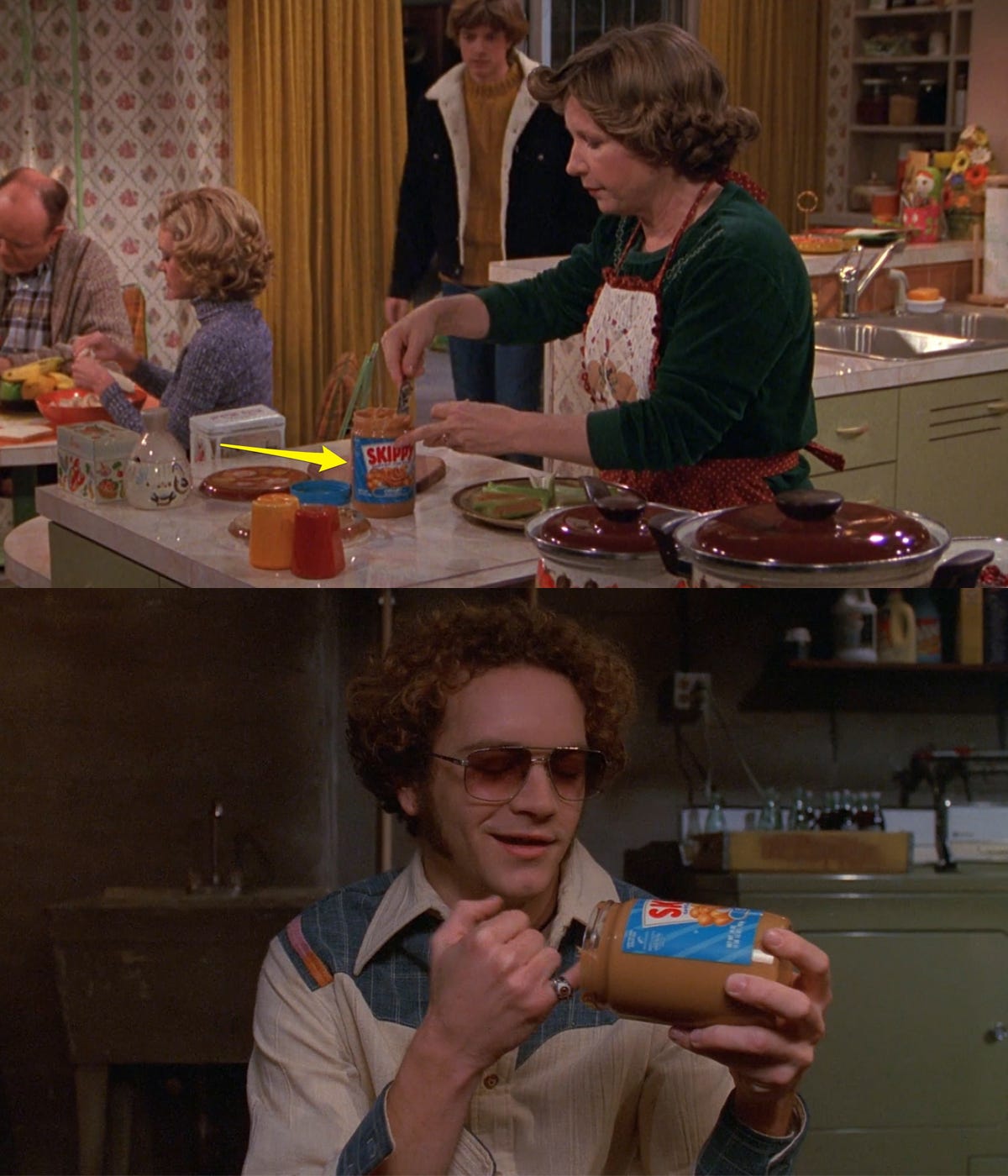 Skippy-Erdnussbuttergläser mit modernen Etiketten, gesehen in der ersten Staffel von „That '70s Show“.