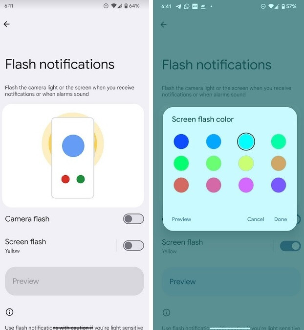 Aktivieren Sie den Bildschirmblitz und Sie können aus 12 Optionen auswählen, in welcher Farbe Ihr Telefonbildschirm zweimal blinken soll, um Sie auf eine Benachrichtigung aufmerksam zu machen. Android 14 fügt eine sehr nützliche Barrierefreiheitsfunktion hinzu, die die Implementierung von Apple übertrifft