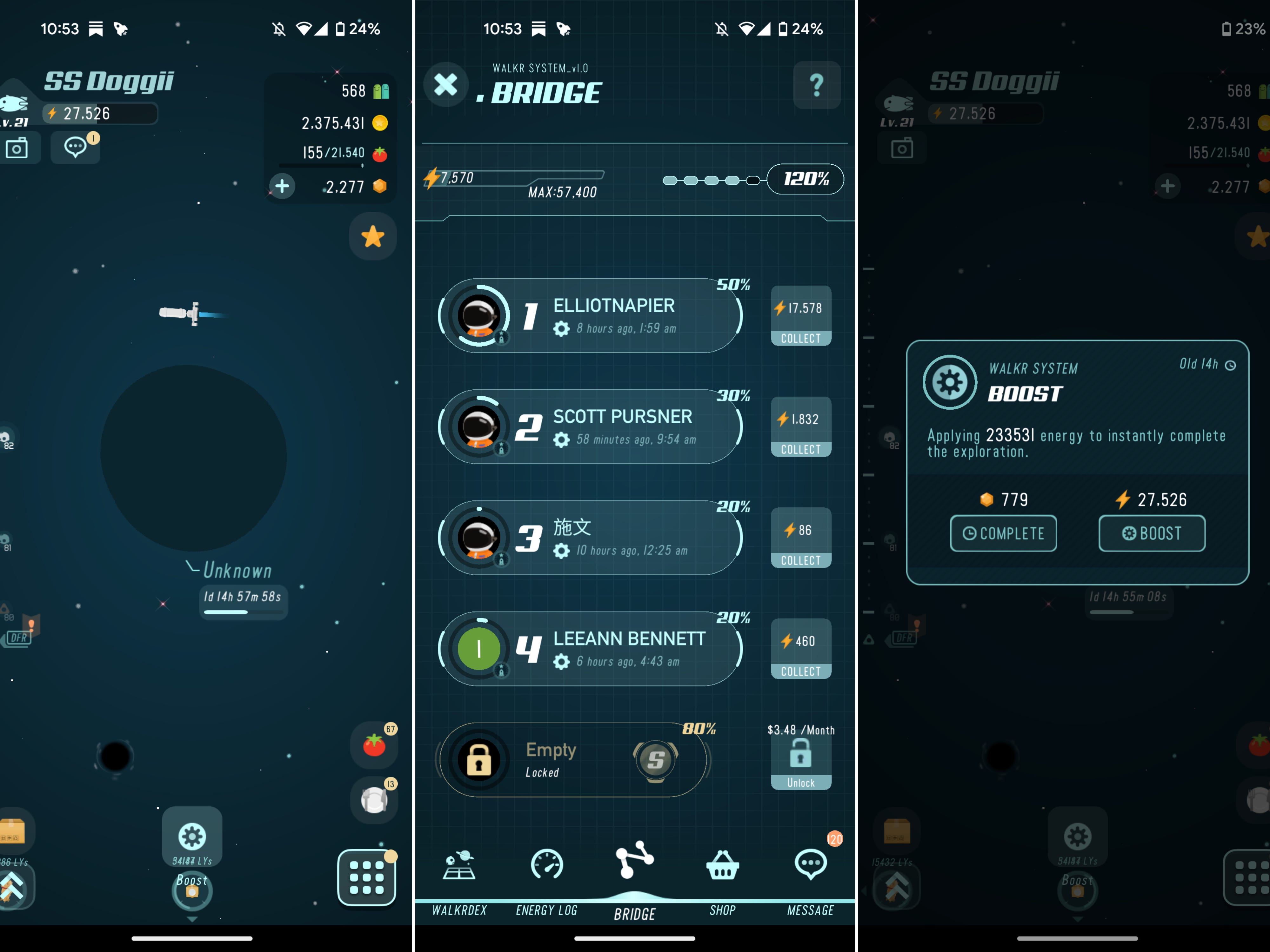 Screenshot der Walkr Planet-Sammel-Schrittzähler-App