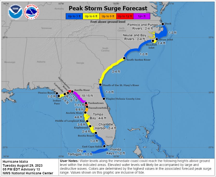 Die Karte zeigt die vorhergesagte Sturmflut des Hurrikans Idalia an der Golfküste von Florida sowie an der Ostküste von Georgia, Carolina