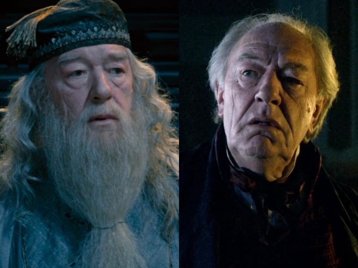 Links: Michael Gambon in „Harry Potter und der Orden des Phönix“.  Rechts: Gambon bei „Doctor Who“.