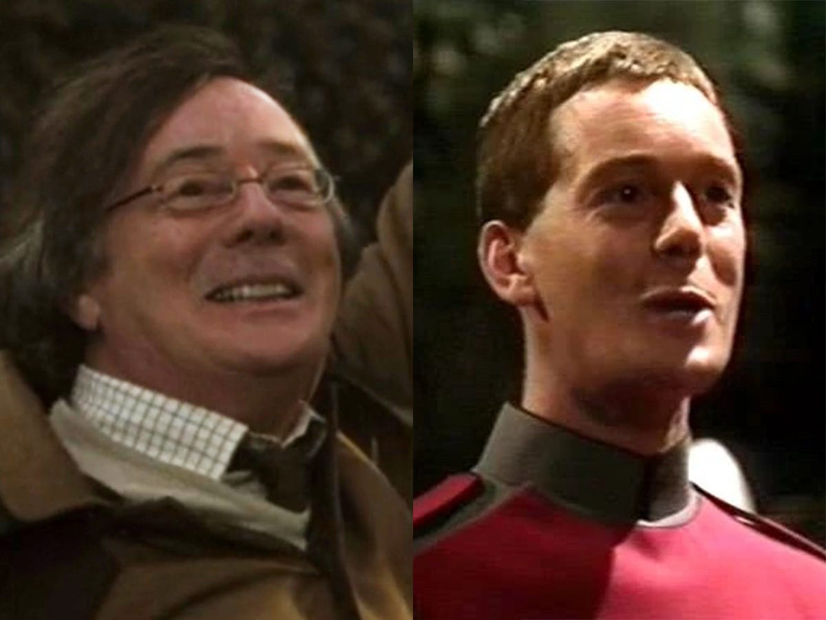 Links: Jeff Rawle in „Harry Potter und der Feuerkelch“.  Rechts: Rawle bei „Doctor Who“.