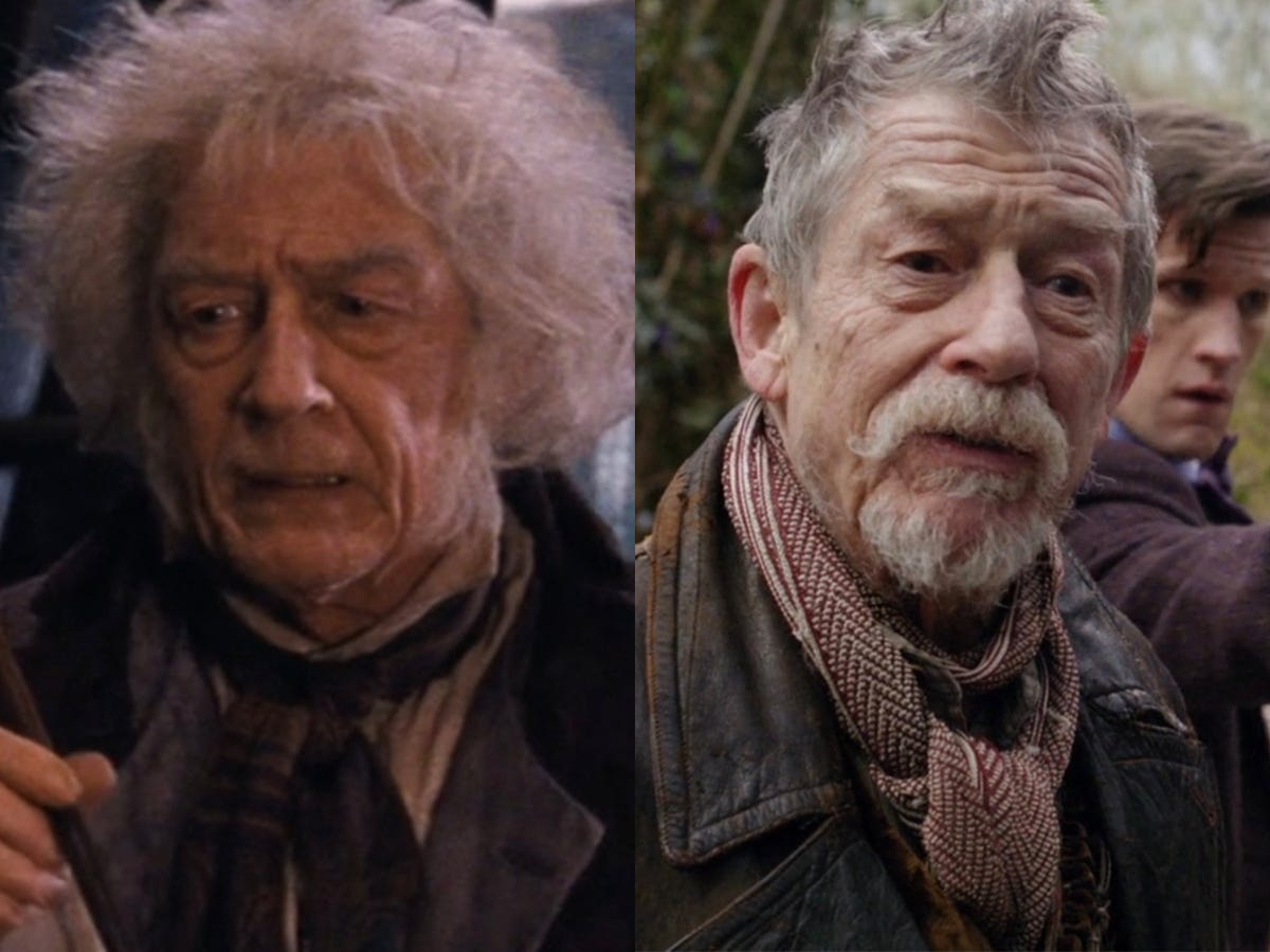 Links: John Hurt in „Harry Potter und der Stein der Weisen“.  Rechts: Hurt bei „Doctor Who“.