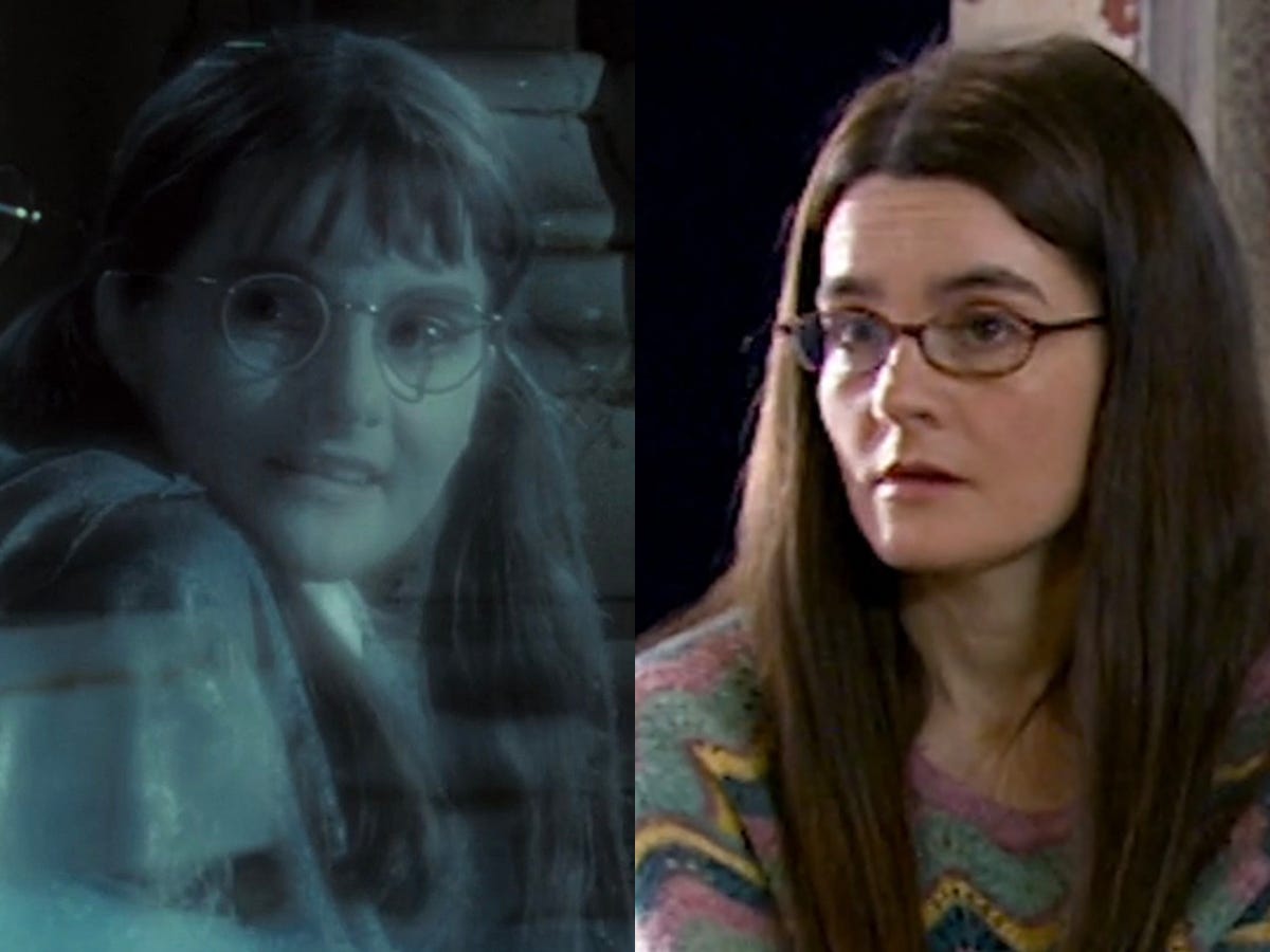 Links: Shirley Henderson in „Harry Potter und der Feuerkelch“.  Rechts: Henderson bei „Doctor Who“.