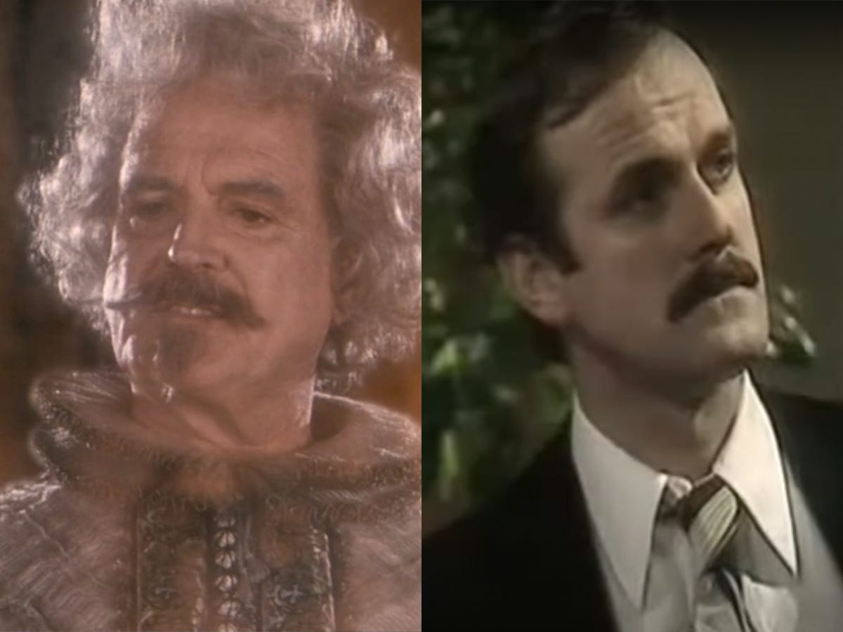 Links: John Cleese in „Harry Potter und der Stein der Weisen“.  Rechts: Cleese bei „Doctor Who“.
