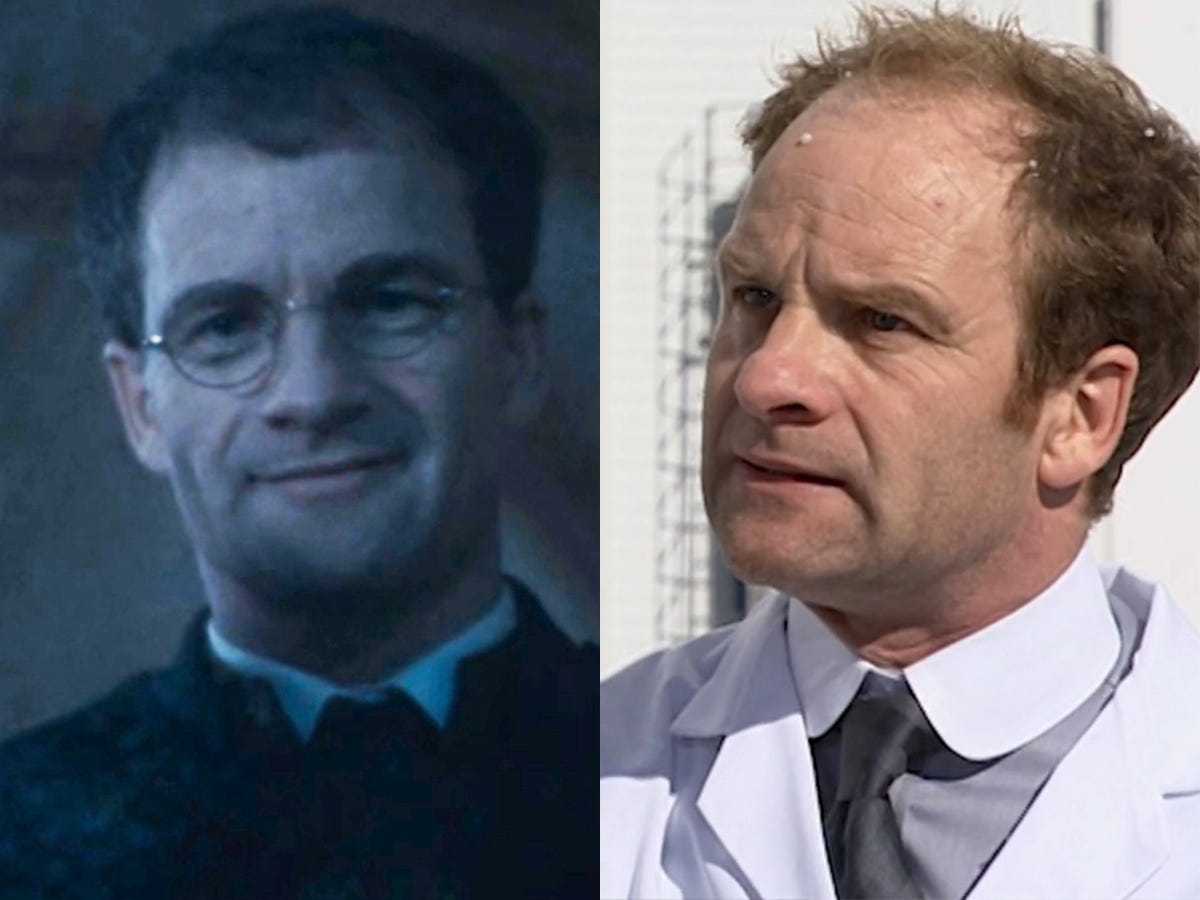 Links: Adrian Rawlins in „Harry Potter und der Stein der Weisen“.  Rechts: Rawlins bei „Doctor Who“.