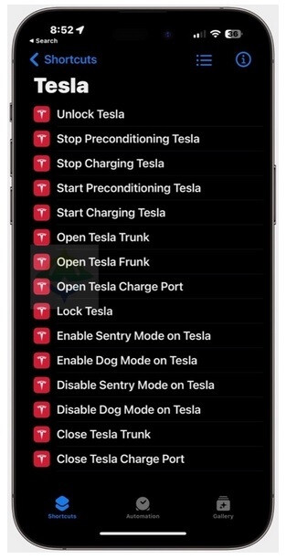 Die vorgefertigten Verknüpfungen für Tesla-Benutzer in der Shortcuts-App, die mit der aktualisierten iOS-Tesla-App verfügbar sind – Dank des App-Updates kann Siri jetzt die Türen Ihres Tesla aus der Ferne verriegeln und vieles mehr