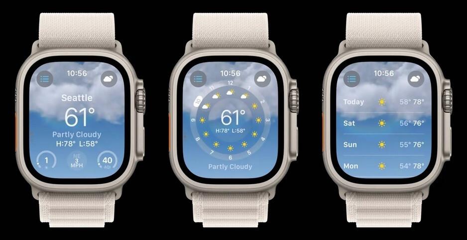 „Bedingung“ ist der erste Bildschirm, den Sie sehen, wenn Sie die Wetter-App in watchOS 10 öffnen. Wischen Sie über den Bildschirm, um Sonnen-/Wolkeninformationen und die 10-Tage-Vorhersage anzuzeigen – die aktualisierte Apple Watch-Wetter-App für watchOS 10 ist informativer