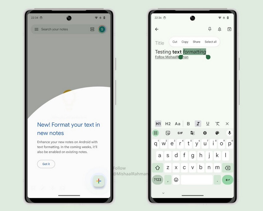 Google fügt der Android-Version seiner Keep-App Textformatierung hinzu.  Bildnachweis: Mishaal Rahman – Eine neue Funktion für Google Keep wird Abhilfe schaffen "erweitern" deine Noten