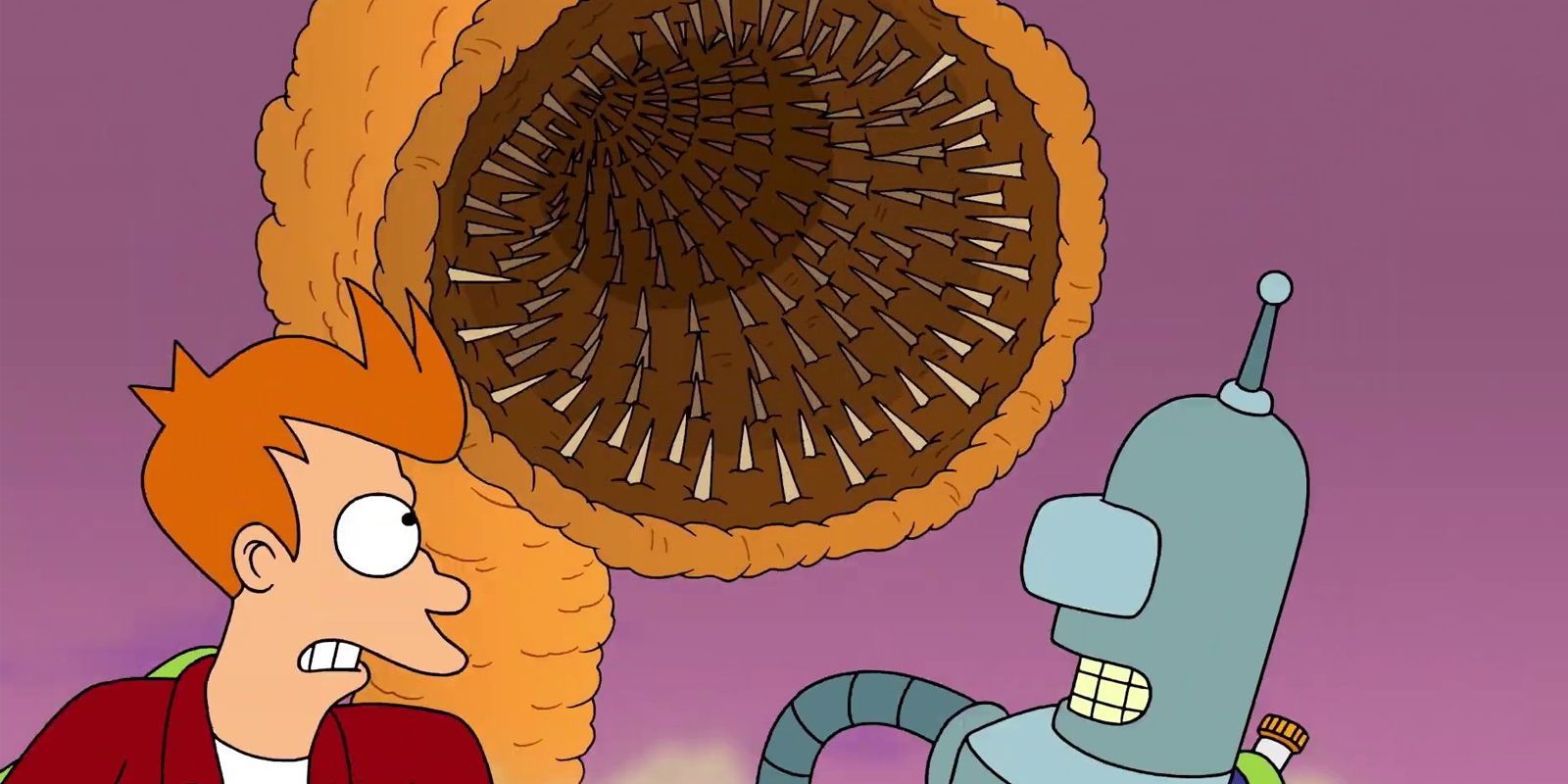 Fry und Bender fliehen vor einem Sandwurm in Futurama