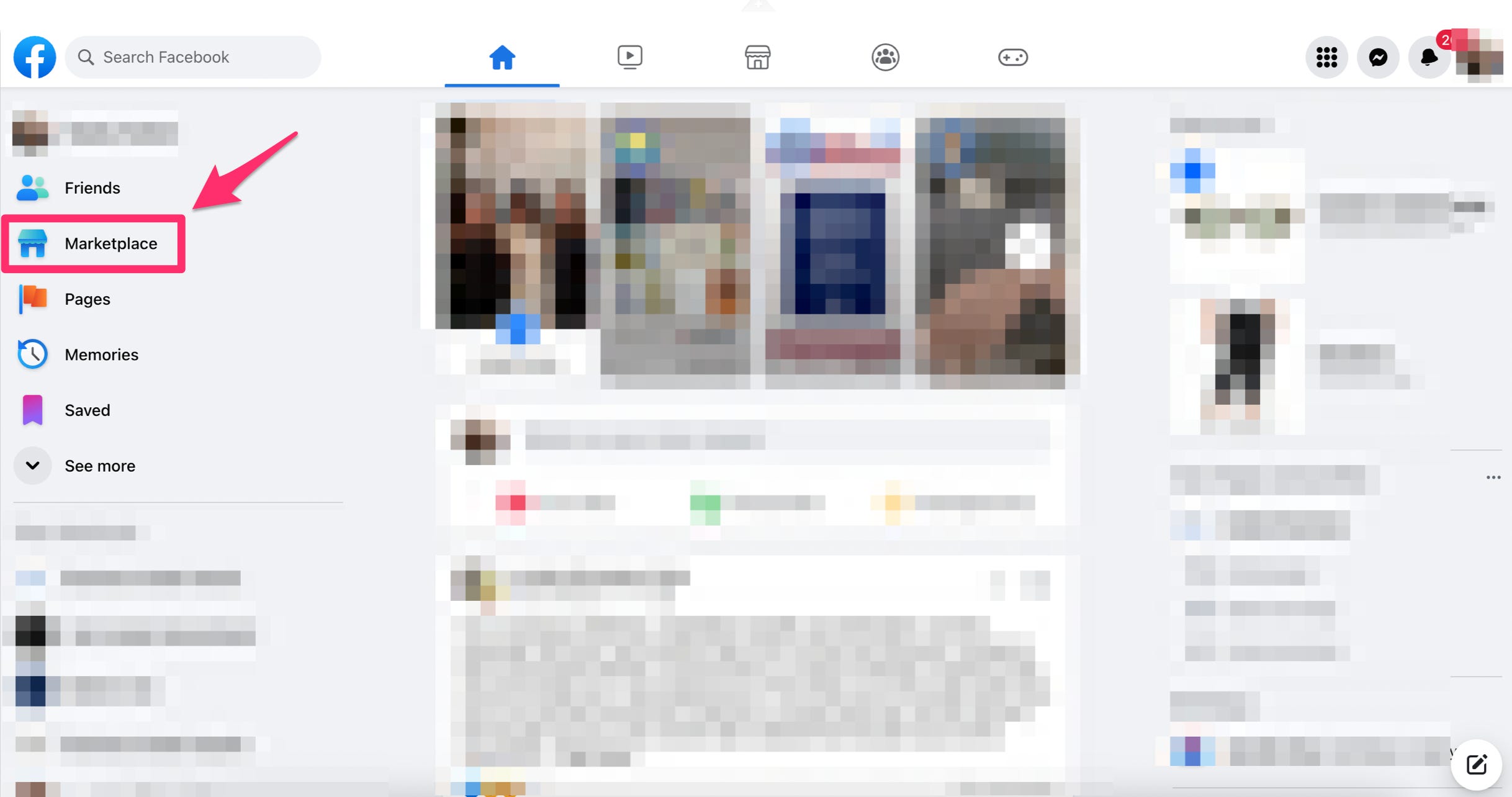 Ein Screenshot des Facebook-Desktops zeigt, wo sich Marketplace befindet