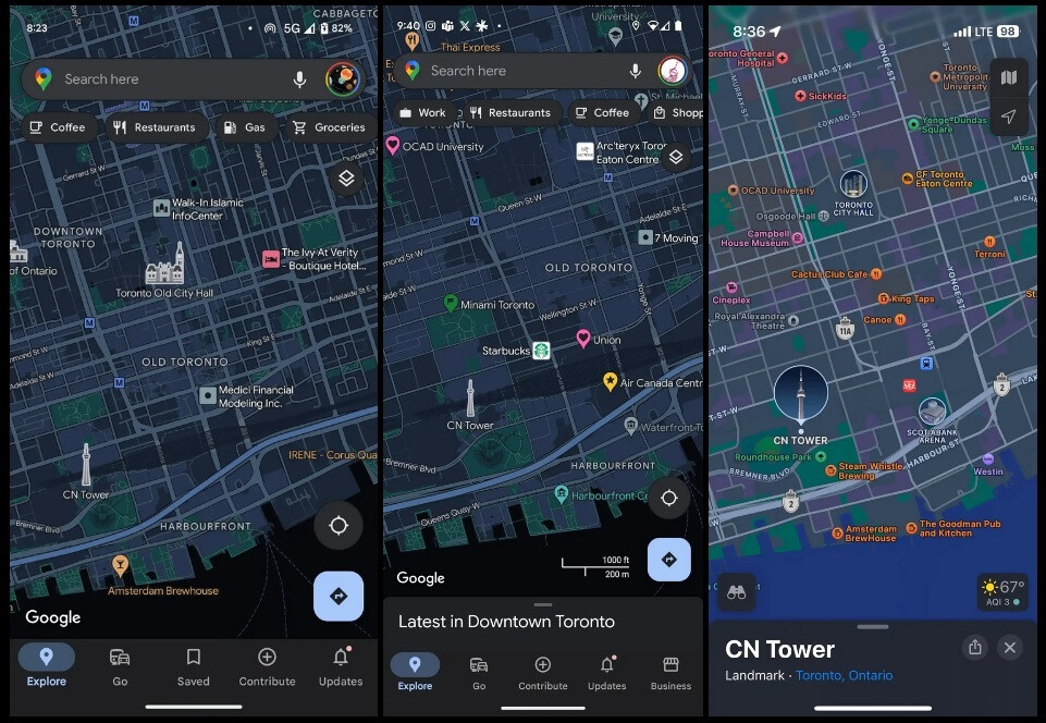 Von L bis R aktuelles Google Maps, neues Google Maps, Apple Maps.  Bildnachweis: 9to5Google – Google Maps testet die Verwendung einiger Farben, die Apple Maps kopieren