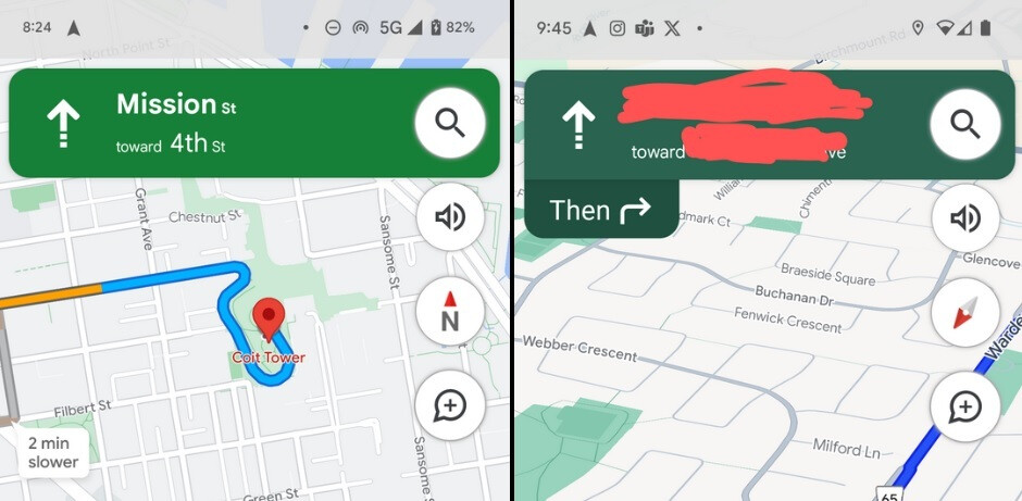 Links aktuelles Google Maps, rechts neues.  Bildnachweis: 9to5Google – Google Maps testet die Verwendung einiger Farben, die Apple Maps kopieren