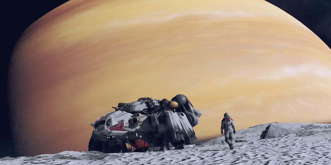 Ein Astronaut steht neben dem Raumschiff The Frontier auf einem Mond und blickt auf den Planeten