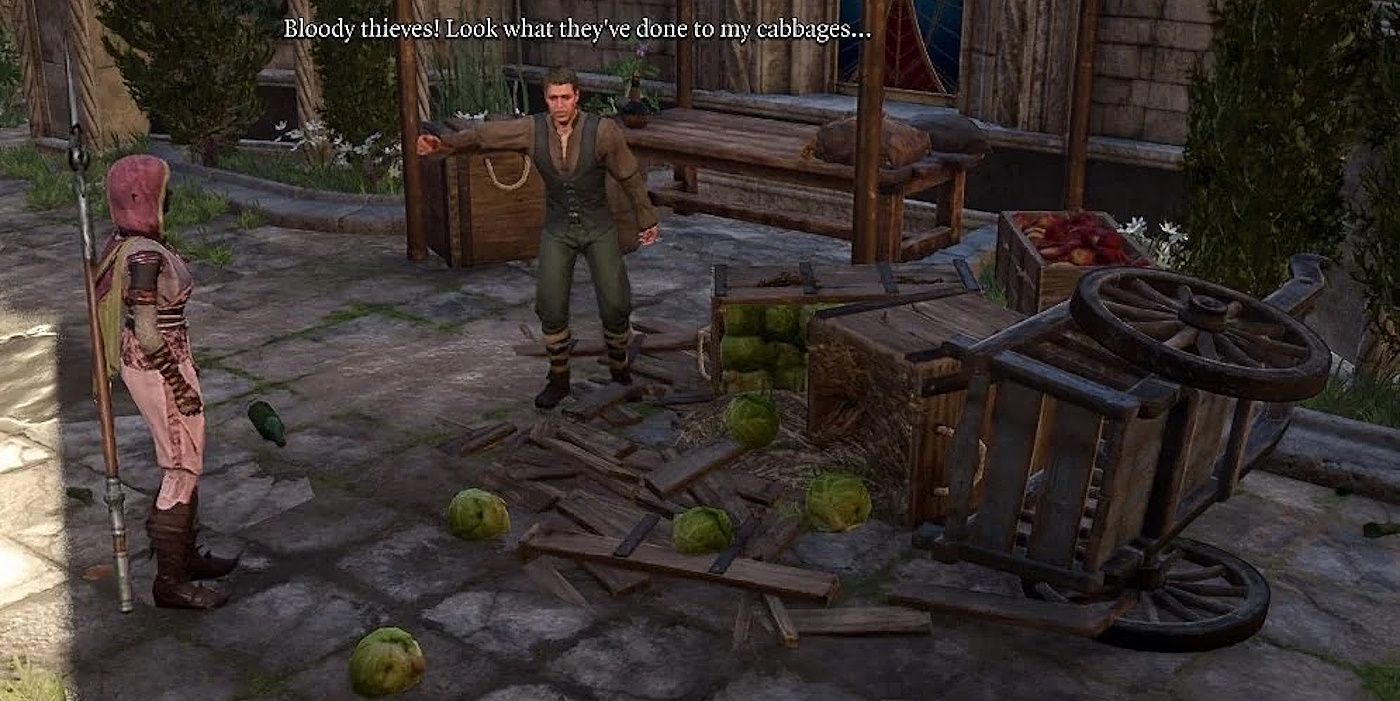 In Baldur's Gate 3 steht ein Kohlverkäufer neben seinem umgestürzten Karren, auf dem überall Kohlköpfe verstreut sind.
