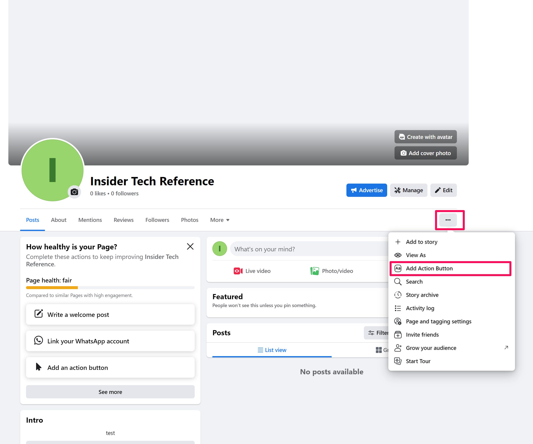 Der Screenshot zeigt die Position der Call-to-Action-Schaltfläche in einem Facebook-Unternehmen