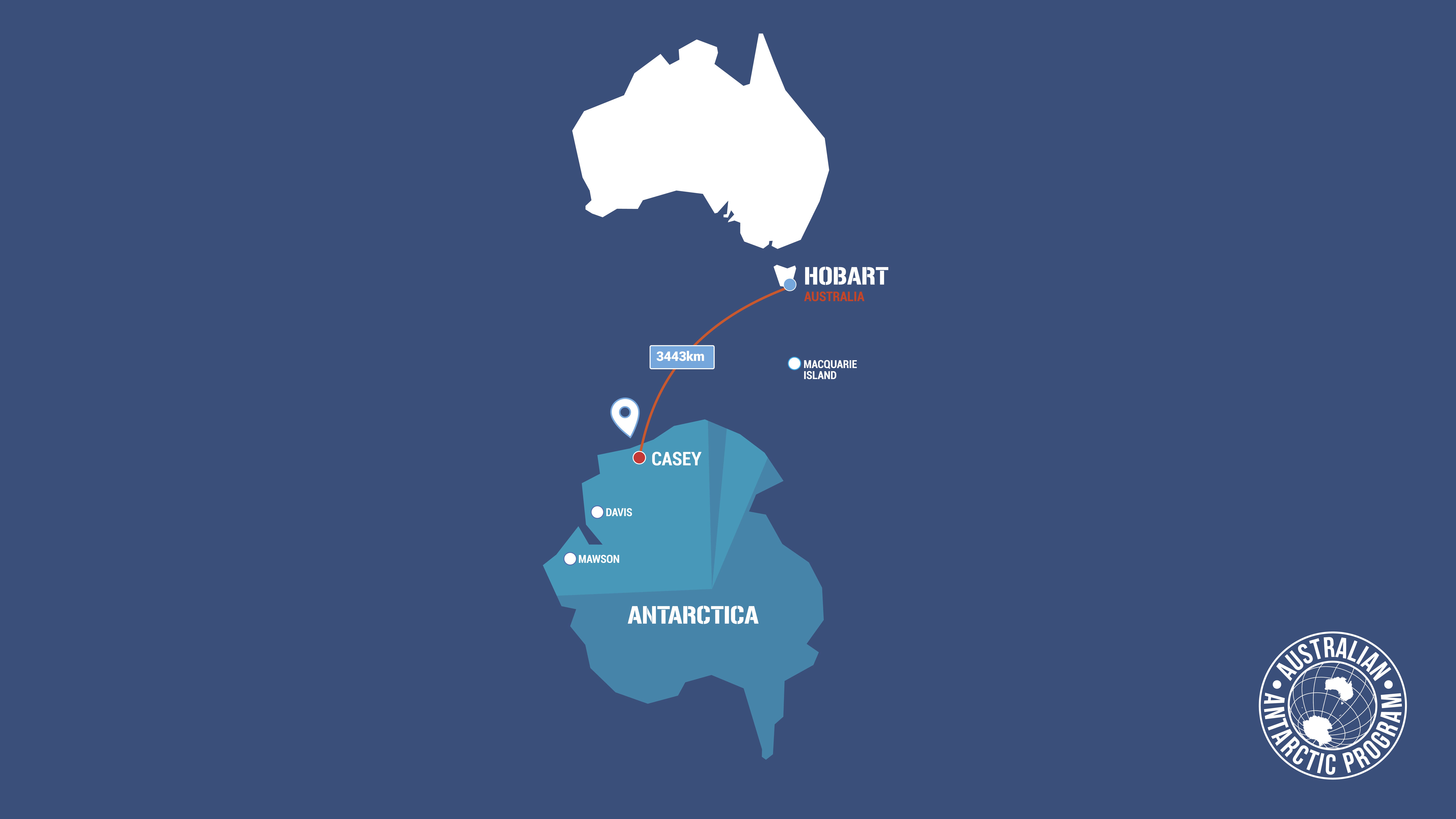 Eine Karte zeigt die Entfernung, die die Nuyina zwischen Hobart und dem Forschungszentrum Casey zurückgelegt hat.