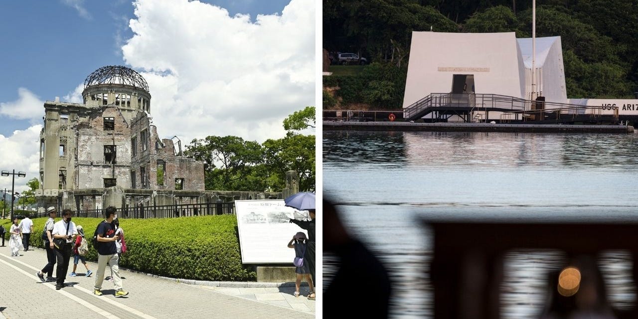 Eine Seite an Seite der Denkmäler von Hiroshima und Pearl Harbor.