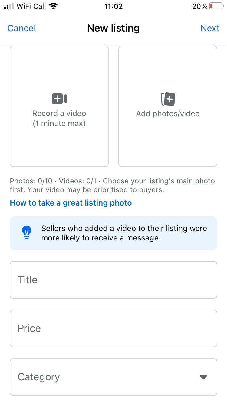 Der Screenshot zeigt, wie man auf dem Facebook-Marktplatz verkauft