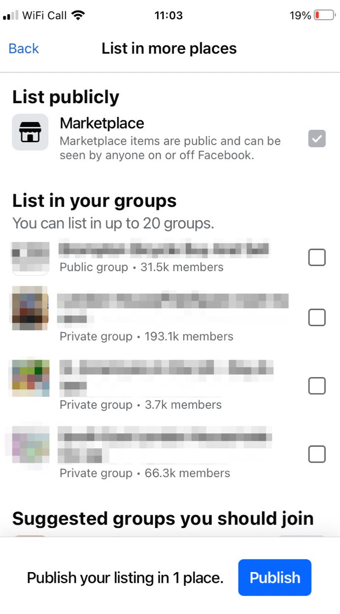 Der Screenshot zeigt Optionen, wo Sie Ihren Artikel auf dem Facebook-Marktplatz auf Mobilgeräten anbieten können