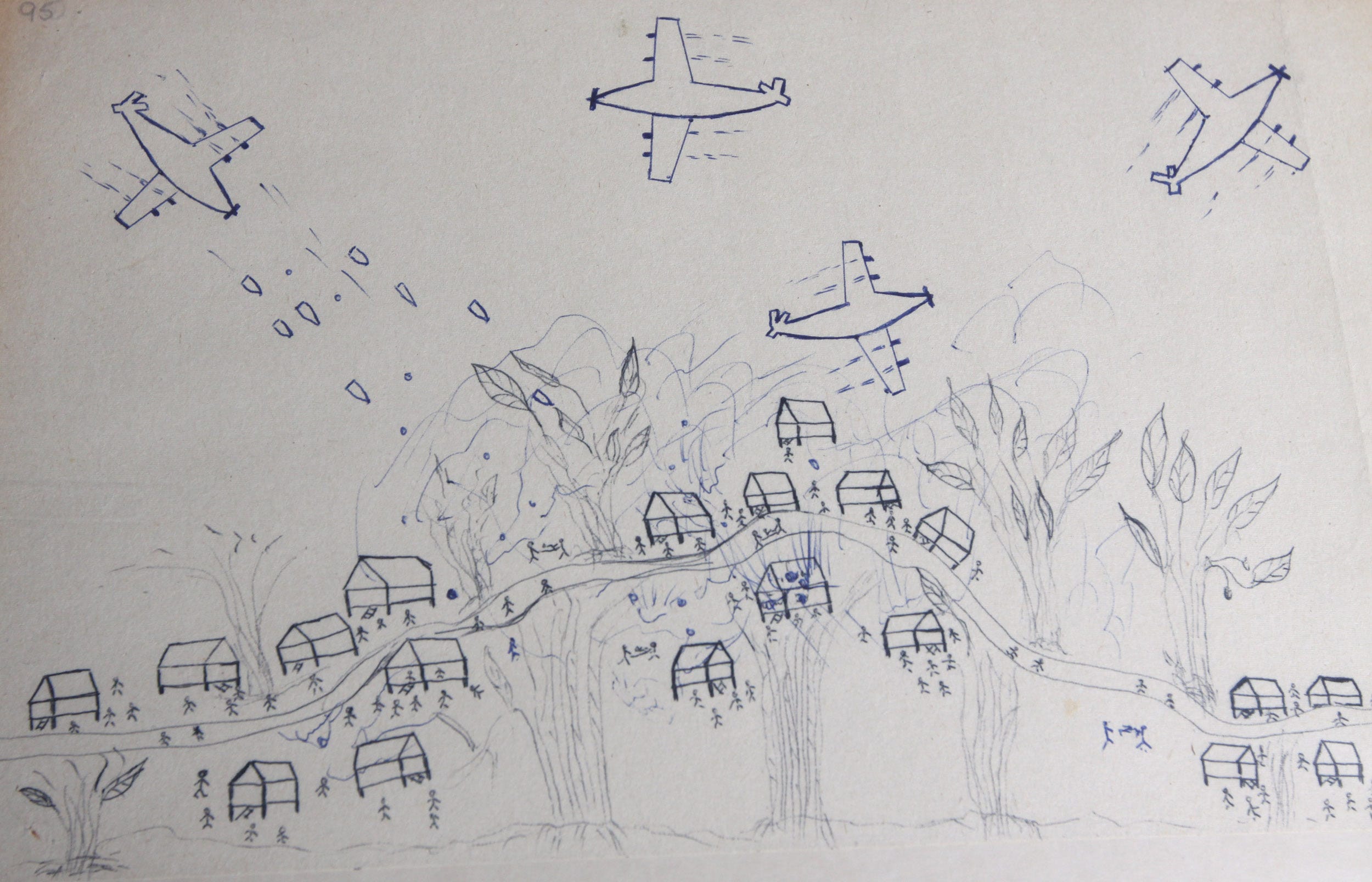 Eine Skizze von Dorfbewohnern in Flüchtlingslagern über die Bombardierung in Laos.