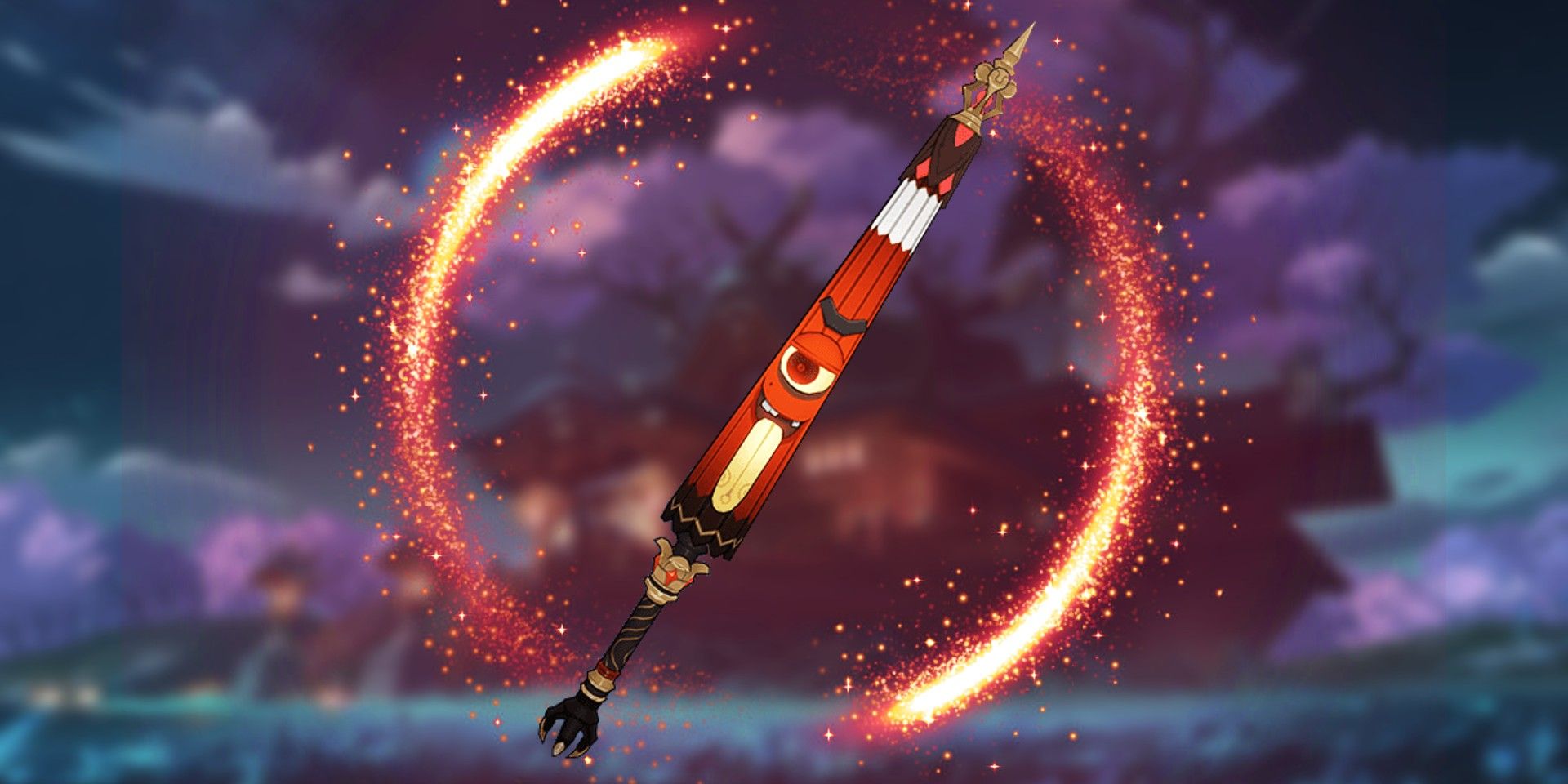 Das Toukabou Shigure-Schwert von Genshin Impact wird vor einem visuellen Rotlichteffekt platziert, mit einem Schrein von Inazuma im Hintergrund.