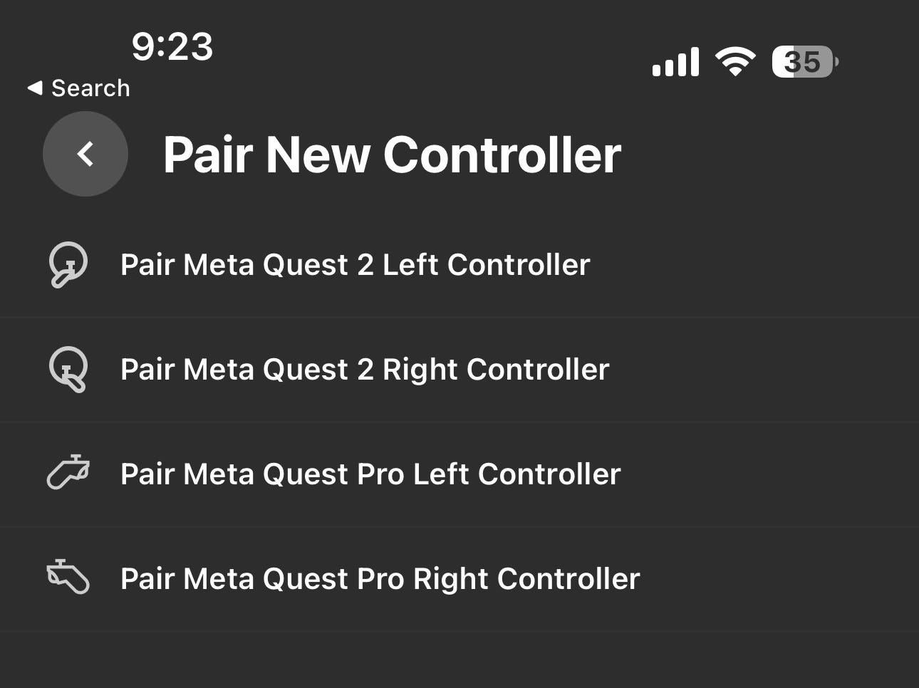 Ein Screenshot, der zeigt, wie man einen neuen Meta Quest 2- oder Meta Quest Pro-Controller über die mobile App mit einem Headset koppelt.