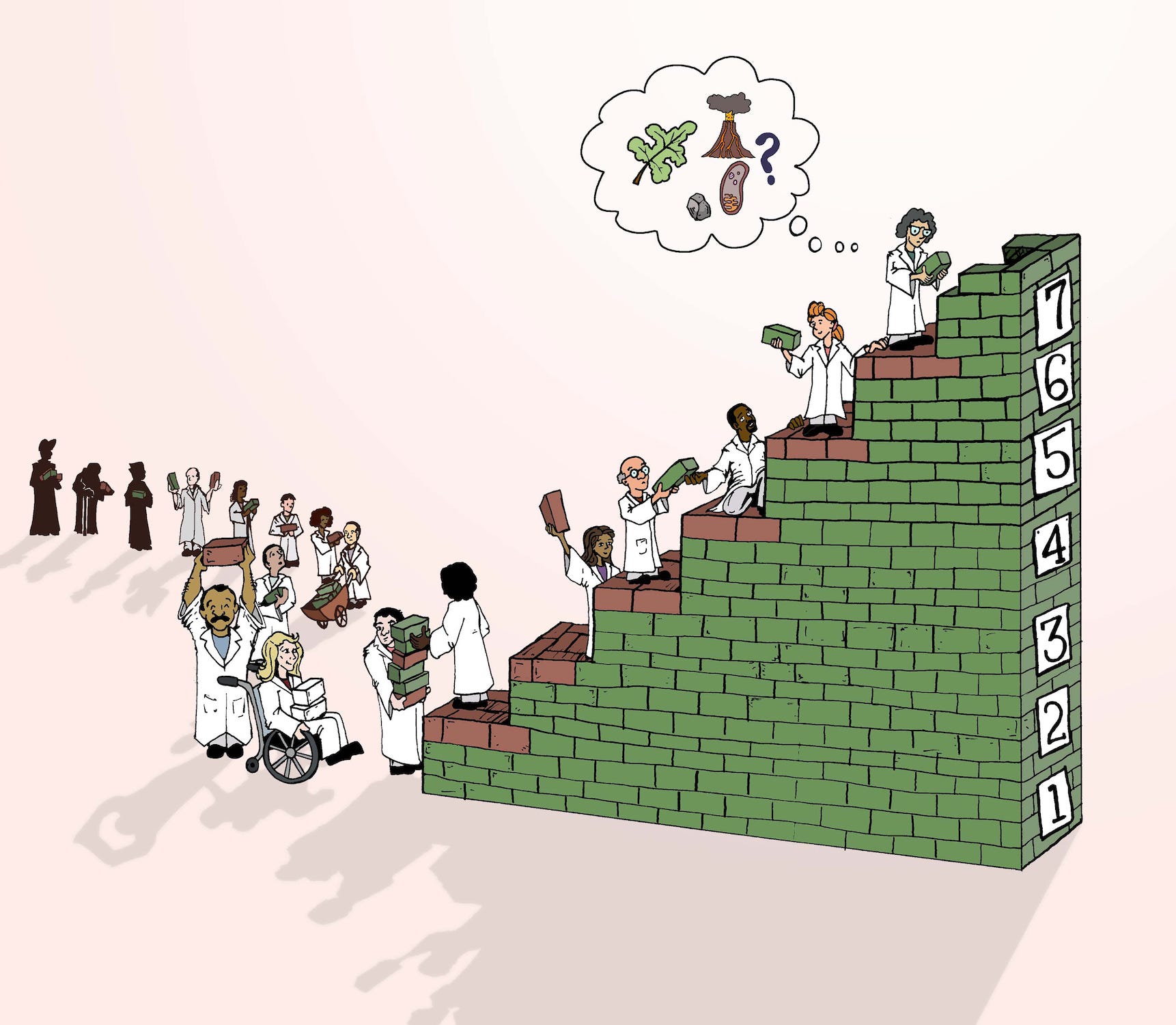 Der Illustrations-Cartoon zeigt Menschen in weißen Laborkitteln, die eine Treppe aus grünen Ziegelsteinen bauen, auf der die Nummern 1 bis 7 hinaufsteigen