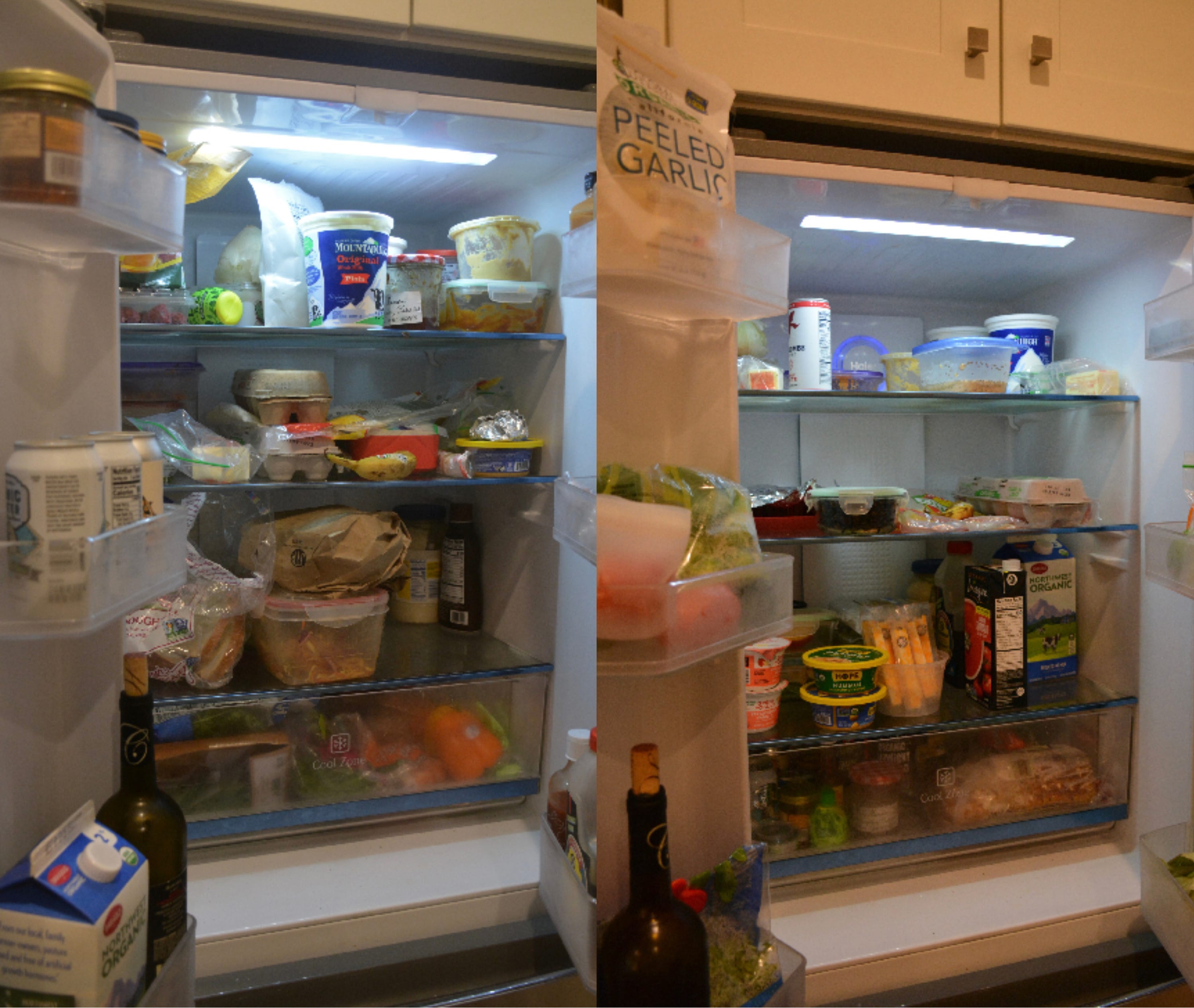 Kate Hulls Kühlschrank davor (links), Obst und Gemüse liegen in der Gemüseschublade, Gewürze sind in den Türregalen und alles andere ist überall.  Kate Hulls Kühlschrank danach (rechts), die Produkte befinden sich jetzt in der Kühlschranktür und die Gewürze befinden sich in der Gemüseschublade. 