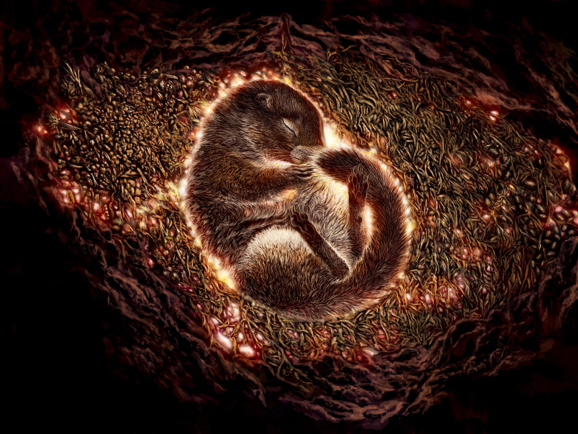Eine Illustration eines arktischen Erdhörnchens, das zusammengerollt in einem unterirdischen Bau liegt.