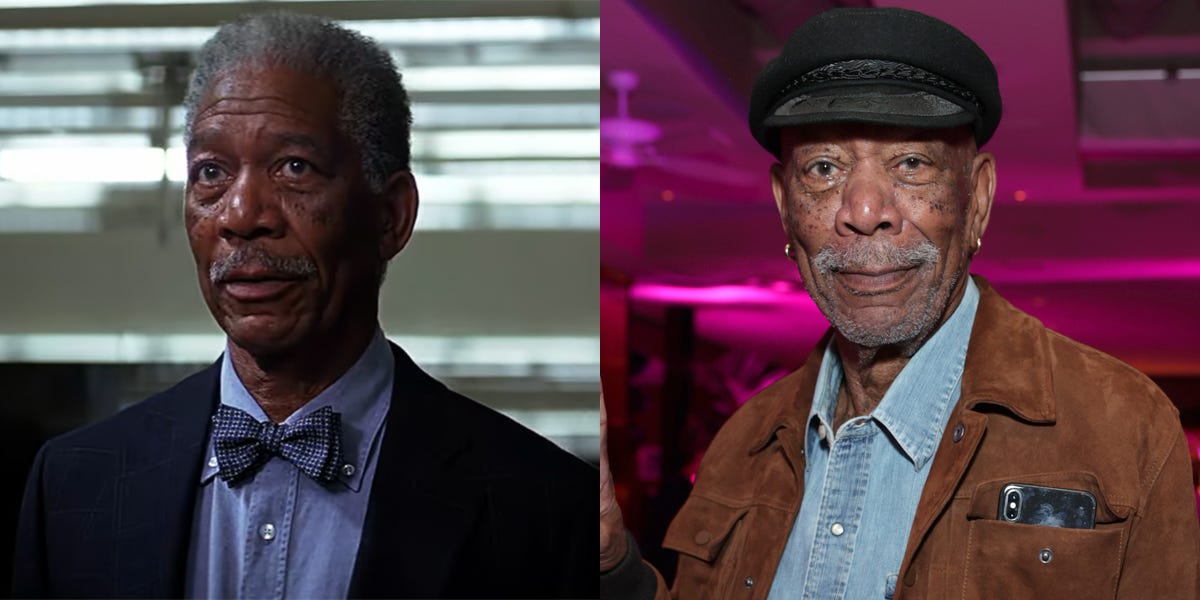 Eine Seite an Seite von Morgan Freeman als Lucius Fox in „The Dark Knight“ und jetzt.