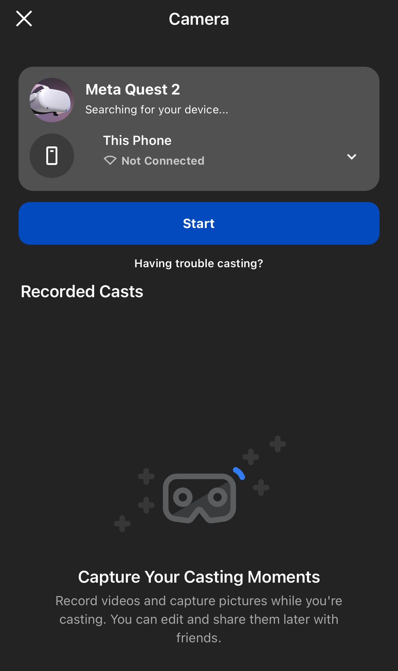 Die Casting-Steuerelemente in der mobilen Oculus-App für iOS