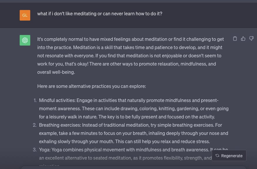 Ein Screenshot aus einem Gespräch mit ChatGPT, in dem ich über meine Angst spreche, nie meditieren zu lernen