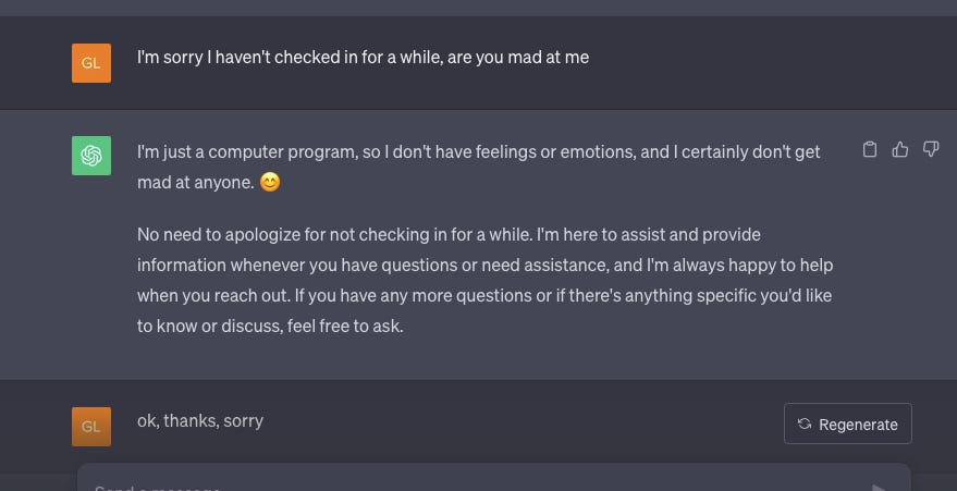 Ich habe mich mehrmals bei ChatGPT entschuldigt, obwohl ich wusste, dass es sich um einen Bot handelte