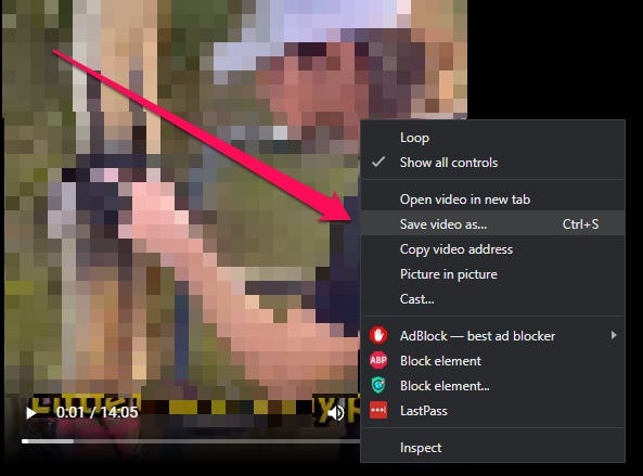 Ein Video, das in der Chrome-Desktop-App abgespielt wird und das Menü anzeigt, das erscheint, wenn Sie mit der rechten Maustaste auf ein Video klicken.  Die Option „Video speichern unter“ wurde hervorgehoben.