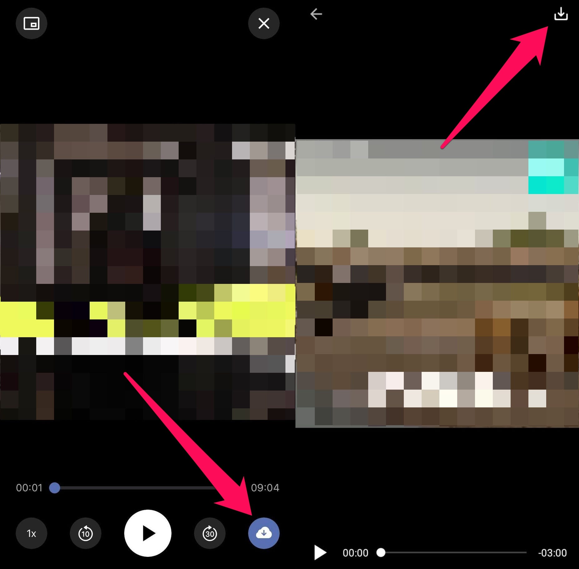 Ein kombiniertes Bild des Friendly Social Browsers.  Das linke Bild zeigt den Friendly Social Browser auf einem iPhone, wobei der wolkenförmige Download-Button in der unteren rechten Ecke hervorgehoben ist.  Das rechte Bild zeigt den Friendly Social Browser auf einem Android-Gerät, wobei das Download-Symbol in einem Video hervorgehoben ist.