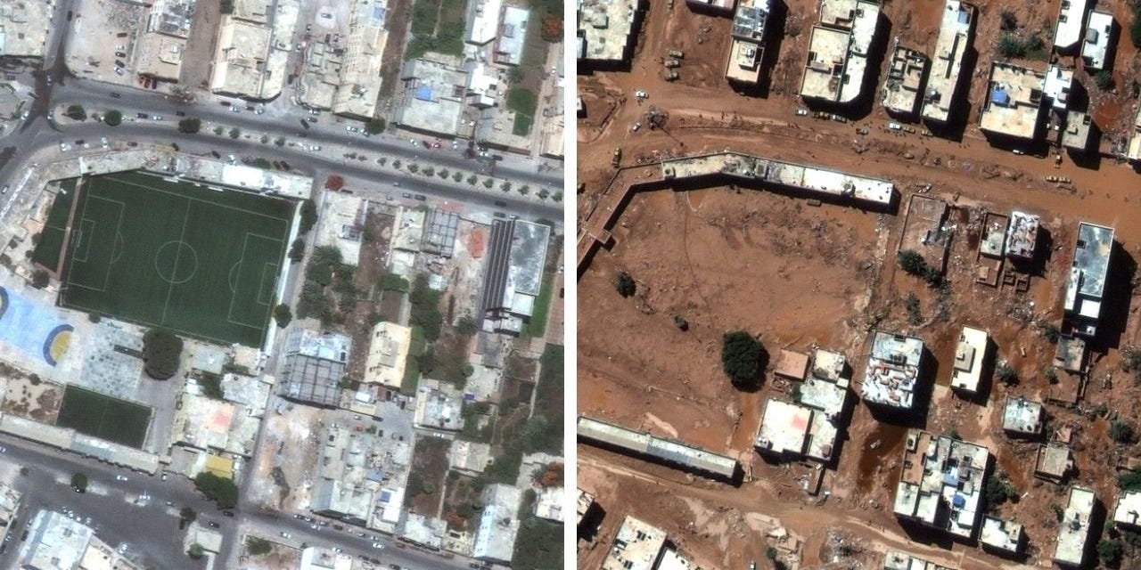 Ein Vorher-Nachher-Luftbild eines von den Überschwemmungen betroffenen Gebiets in Derna.