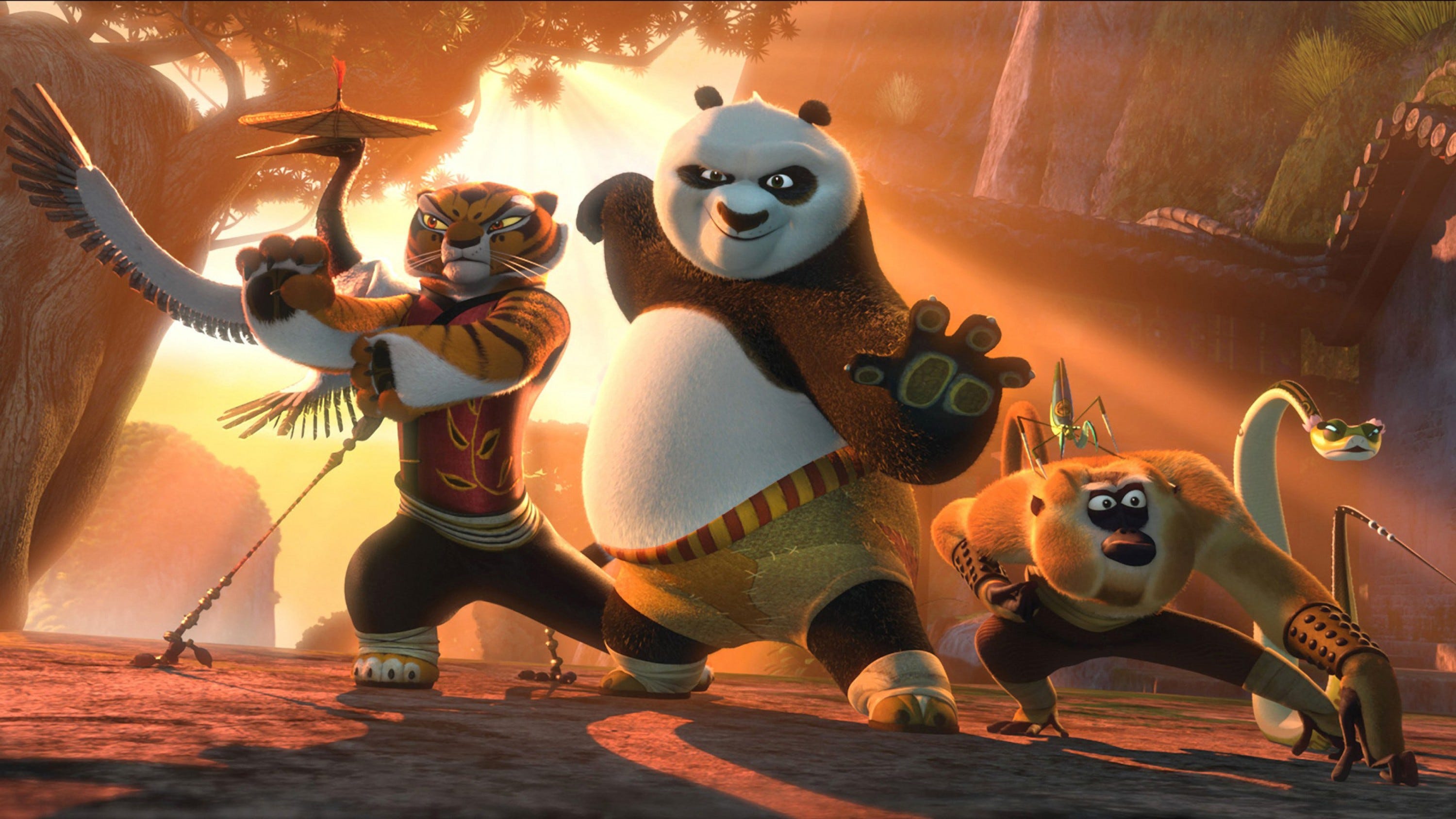 Charaktere aus Kung Fu Panda 2 nehmen eine Pose ein