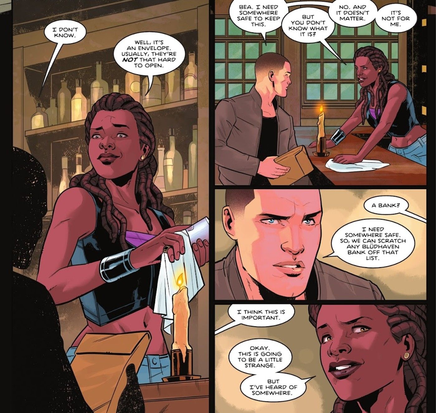 Bea und Ric Grayson besprechen eine für Nightwing hinterlassene Akte