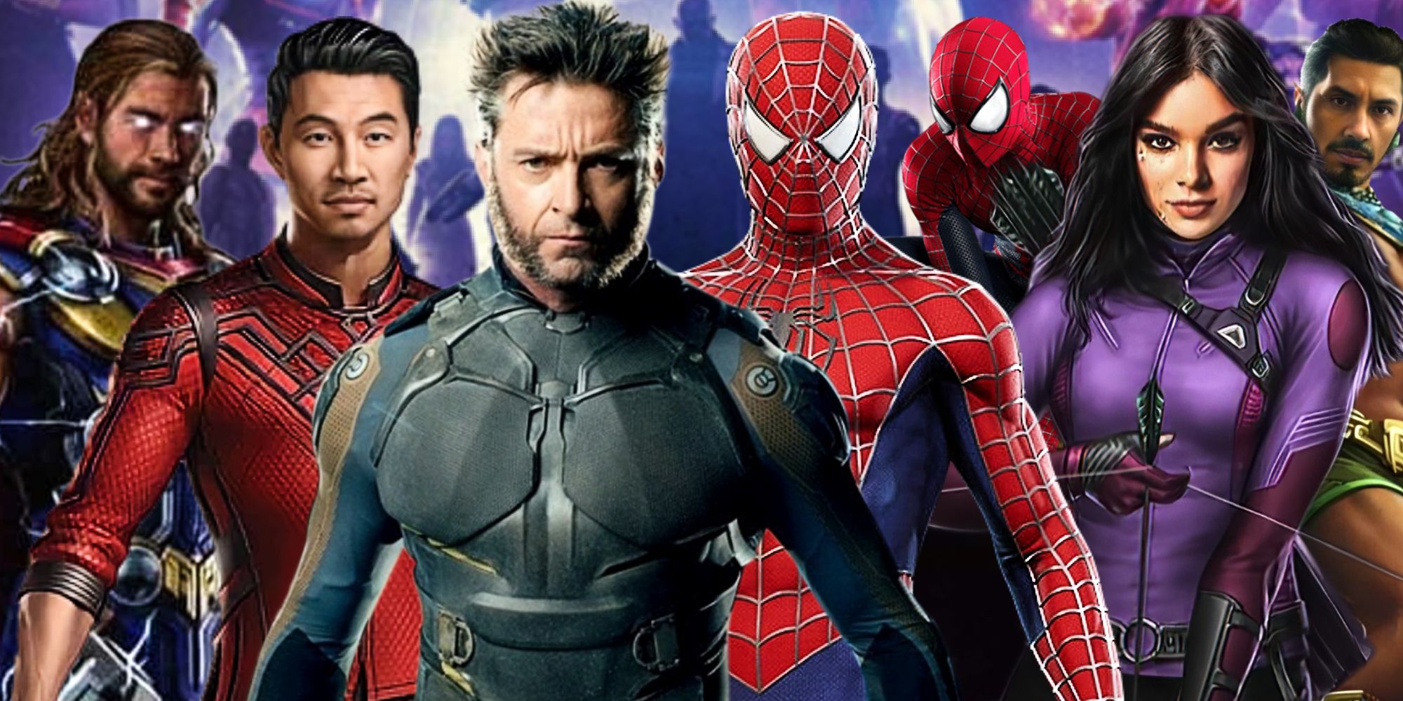 Thor (Chris Hemsworth), Shang-Chi (Simu Liu), Wolverine (Hugh Jackman), Spider-Man (Tobey Maguire), Spider-Man (Andrew Garfield), Kate Bishop (Hailee Steinfeld) und Namor (Tenoch Huerta). bereit für die letzte Schlacht von Secret Wars