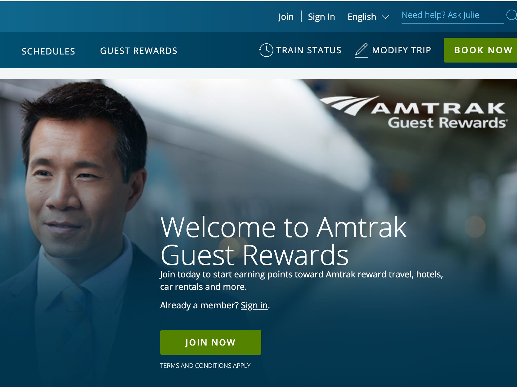 Ein Screenshot des Prämienprogramms auf der Amtrak-Website