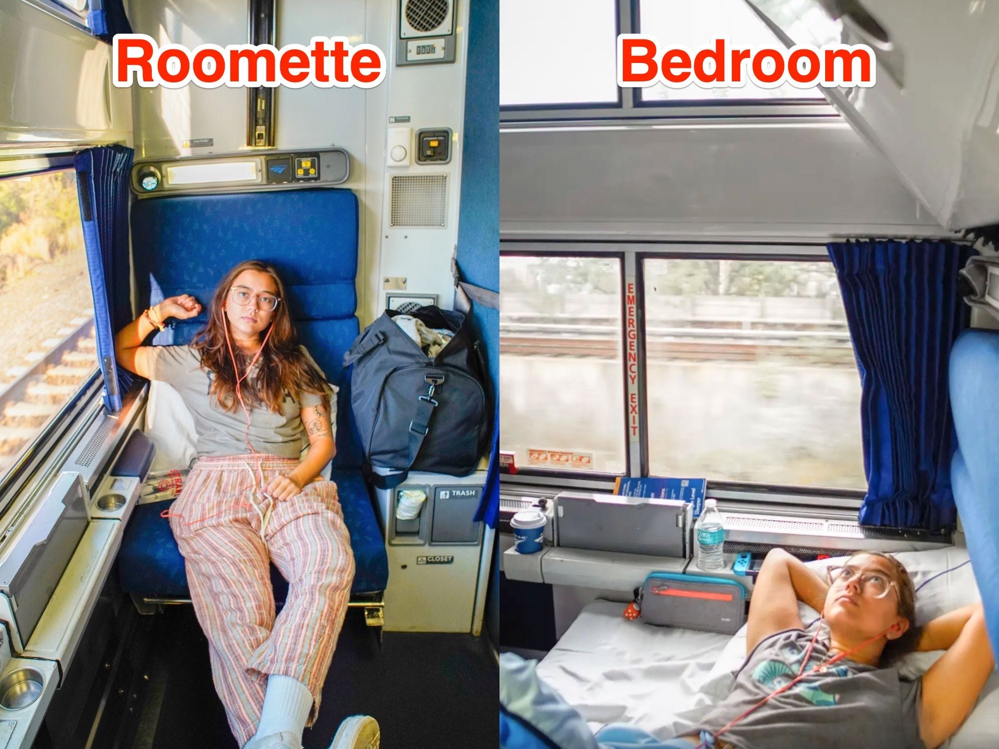 Links: Der Autor sitzt auf einem blauen Sitz in einem Amtrak-Zimmer mit einem Fenster auf der linken Seite.  Rechts: Die Autorin liegt in einem Schlafzimmer in einem Amtrak-Zug mit einem Fenster hinter sich.