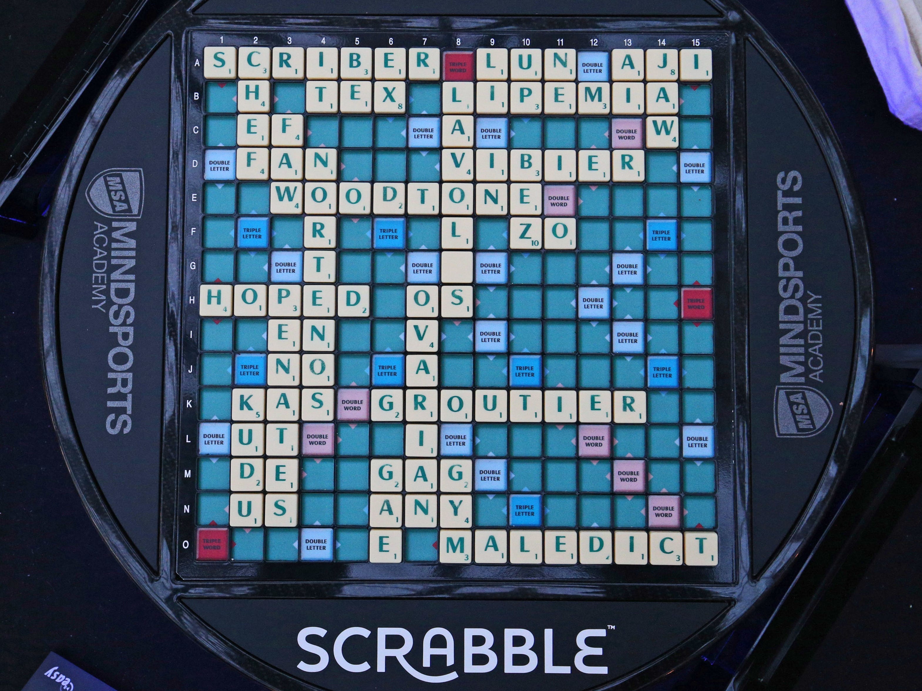 Ein Brett bei der Scrabble-Weltmeisterschaft 2018.