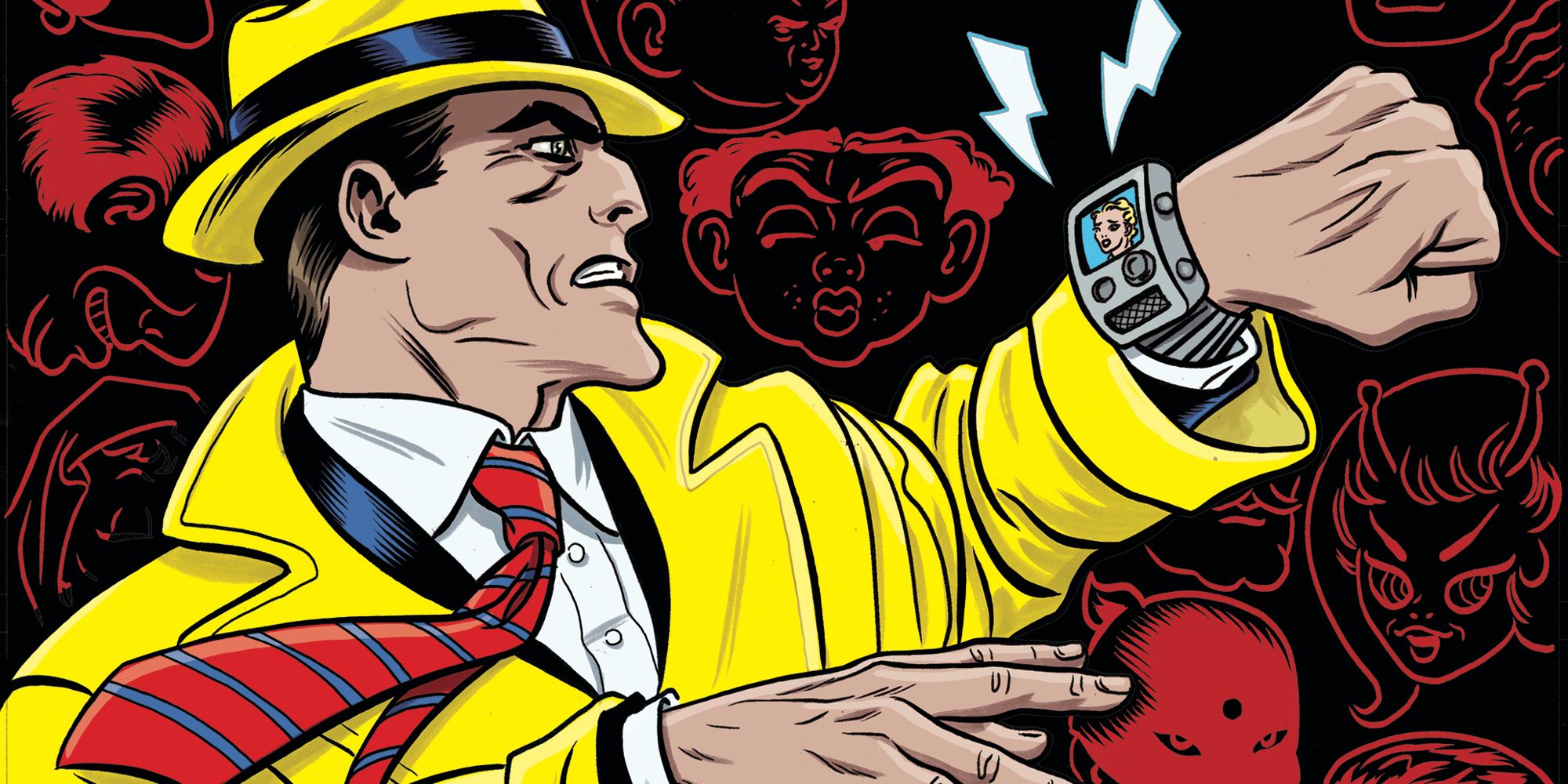 Dick Tracy trägt einen gelben Anzug und blickt auf die Uhr auf dem Comic-Cover