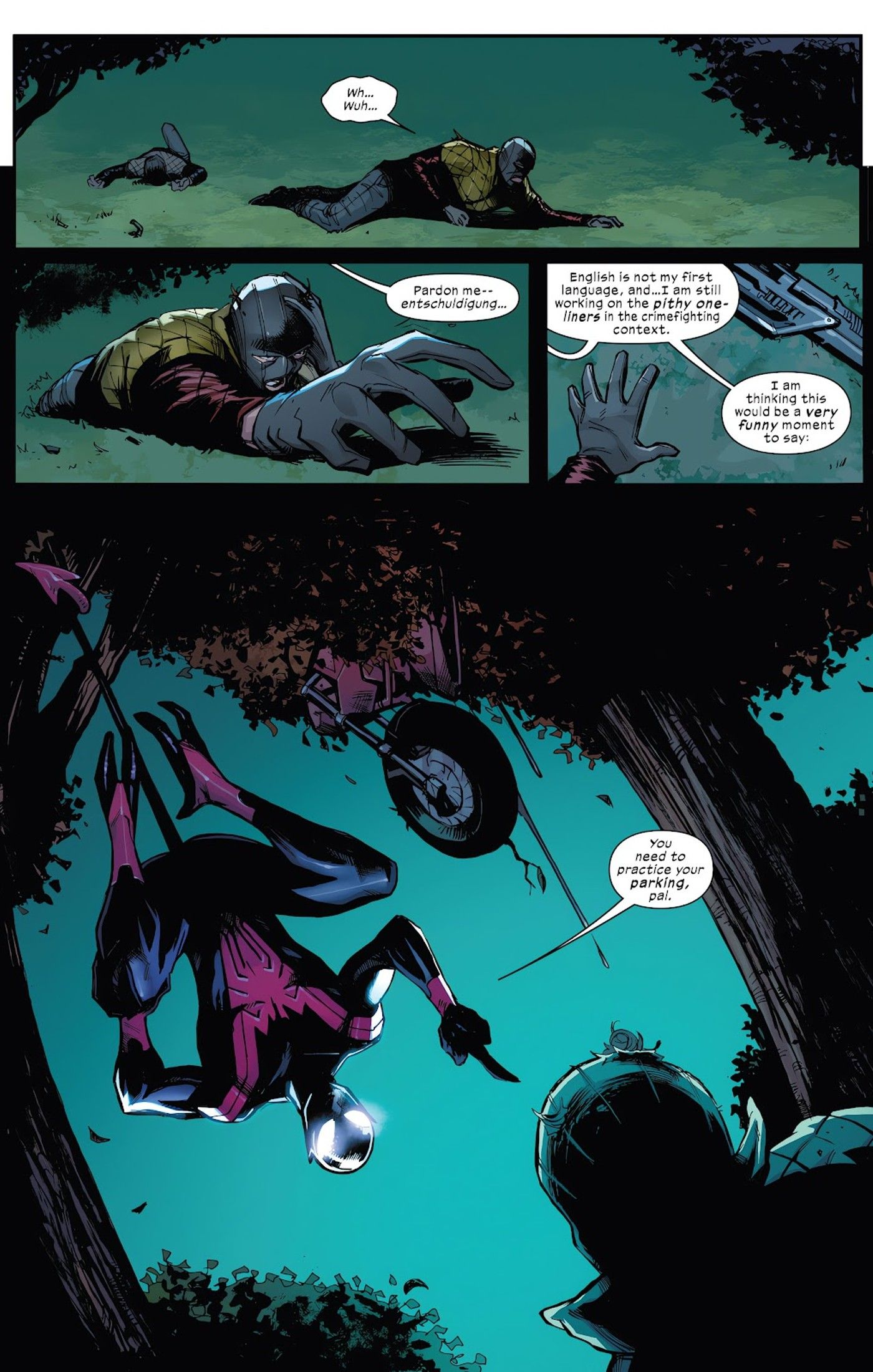 Panels aus Uncanny Spider-Man #1, Nightcrawler Spider-Man macht Witze